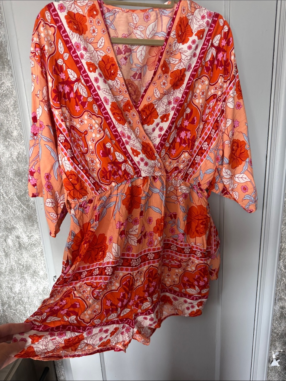 Floral V-Neck Elastic Waist One Piece Short Style in Peach, Orange & Pink